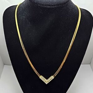 Clear Rhinestone Gold Plated Necklace V Focal Point Chain Vintage 18"